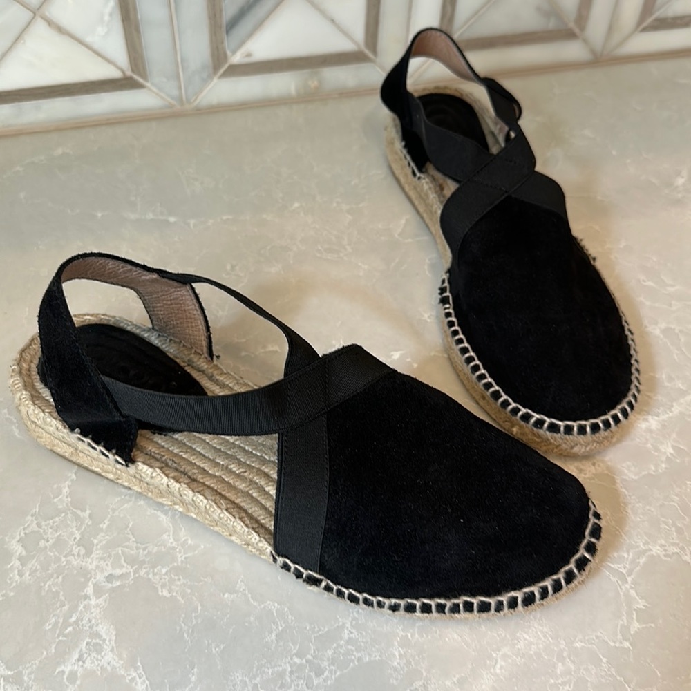 Black suede and gross grain ribbon espadrilles. Made in Brazil, size 8